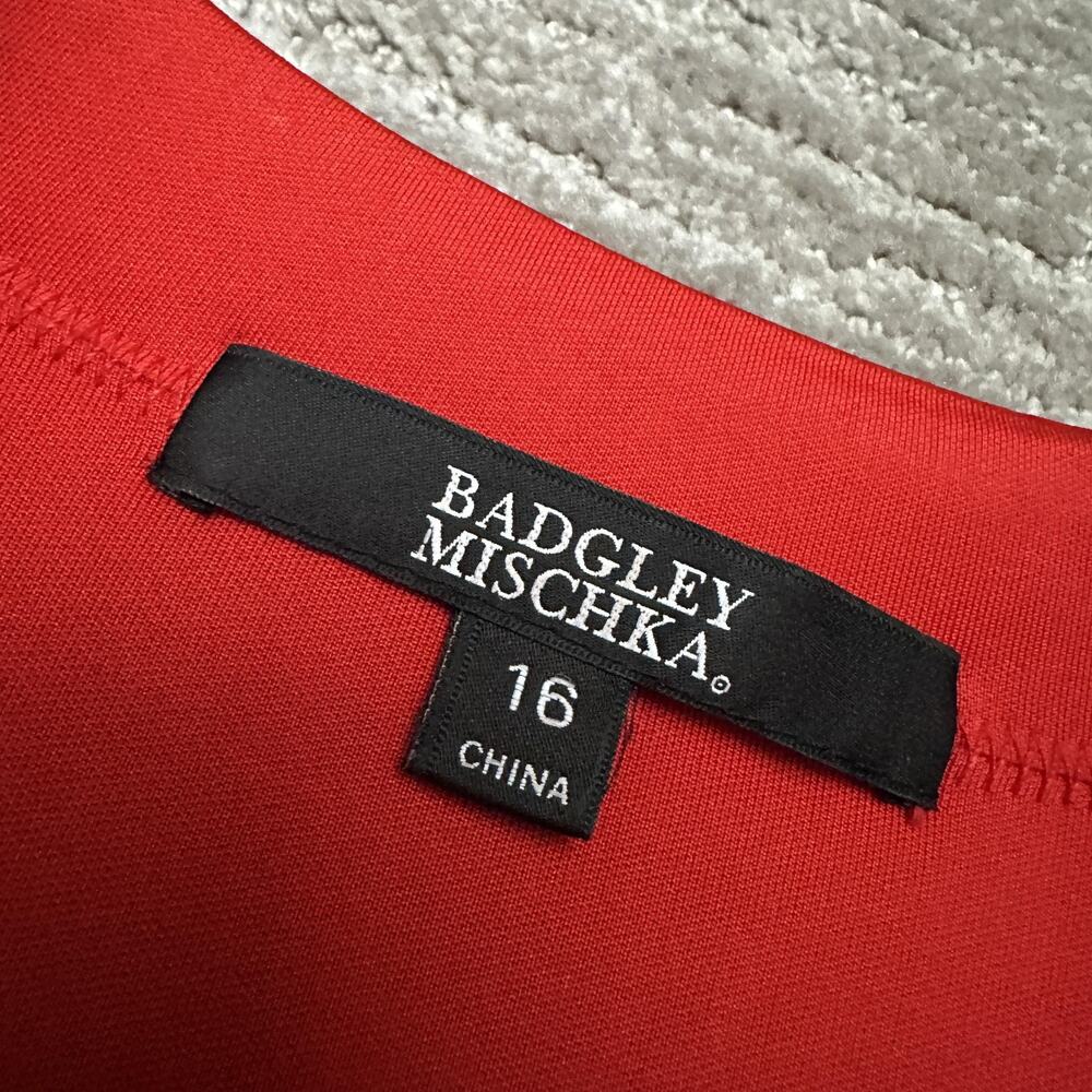 Badgley Mischka Dress Womens 16 Red Fit & Flare Jacket Pleated Short Sleeve - Picture 7 of 13